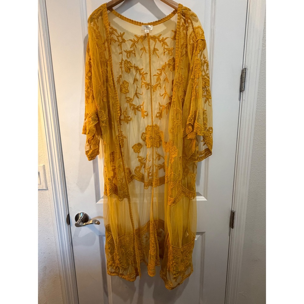 Dizzy Lizzy Mustard Yellow Floral Embroidered Mesh Kimono Duster BNK-H81390 Larg